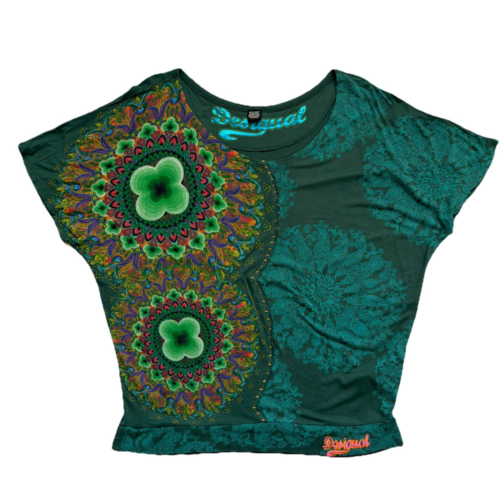 Desigual Mandala Top Womens Lg Green Floral Dolman Sleeve Scoop Neck Boho Artsy - Picture 11 of 11